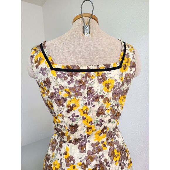 Vintage 1950s Georgette Yellow Floral Dress SMALL Midi Square Neck *Repaired* S - Picture 4 of 8